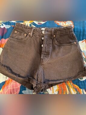 Zara Black/brown Distressed High-Rise Denim Shorts